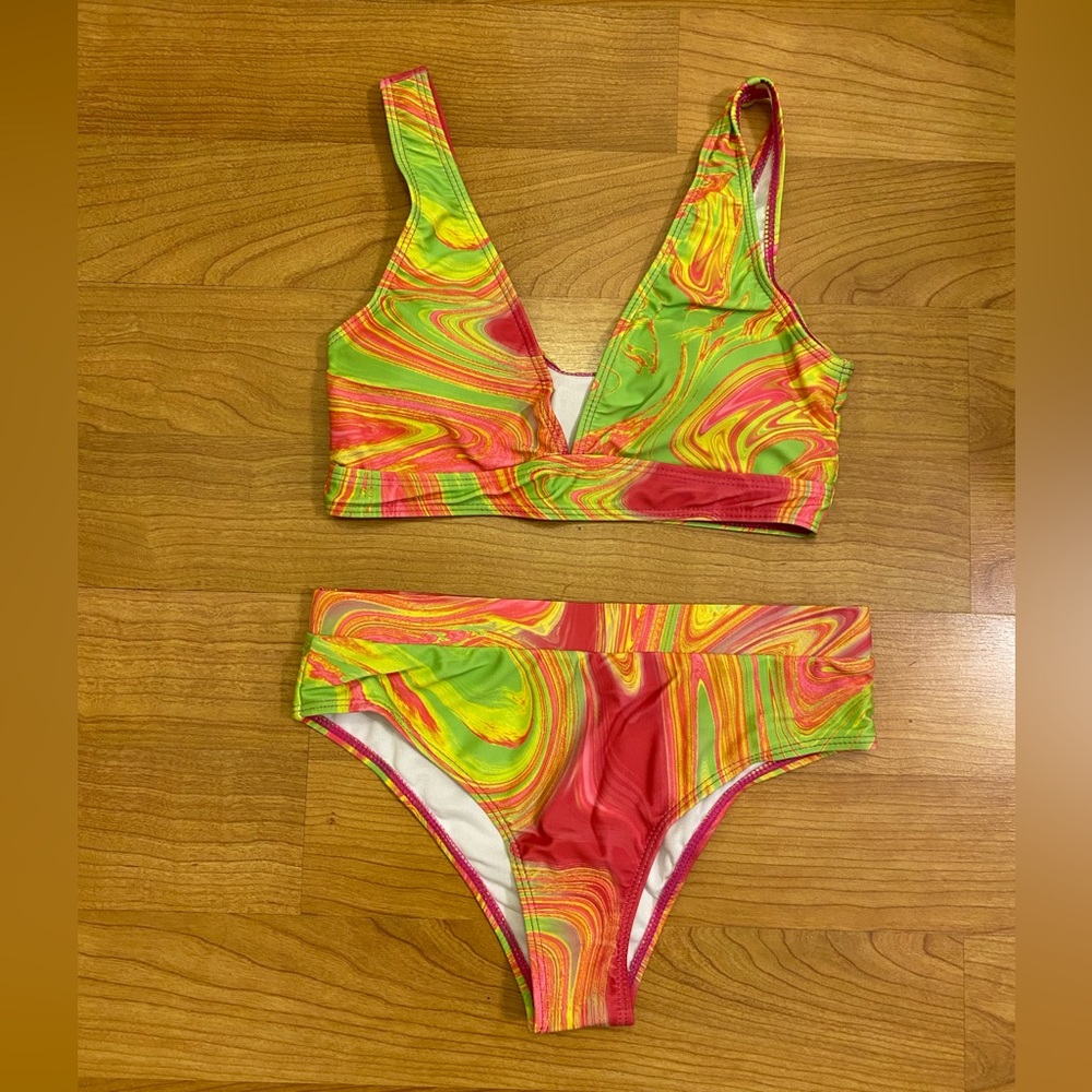 Neon Melting Swirl High Waist Rave Bikini Set
